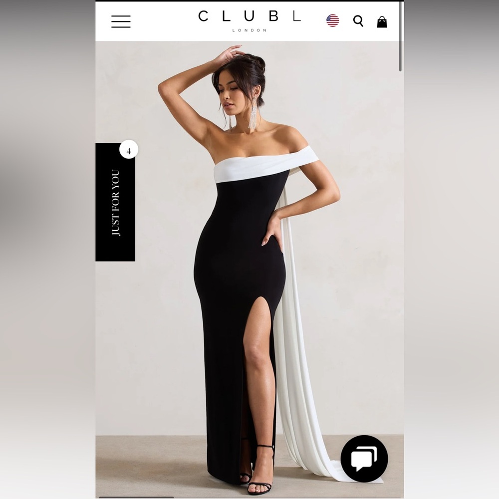 Club L London Black & White Off-Shoulder Maxi Dress with Side Slit
